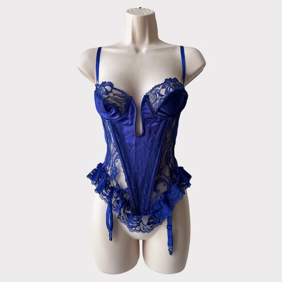 Vintage Satin Lace Wired U-Gore Bustier, Size S, Royal Blue - Picture 1 of 12